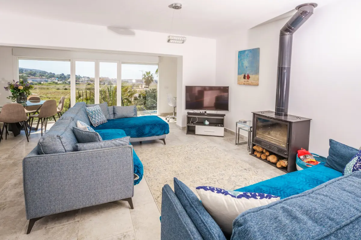 Living room at El Molinete with views towards Moraira and the sea